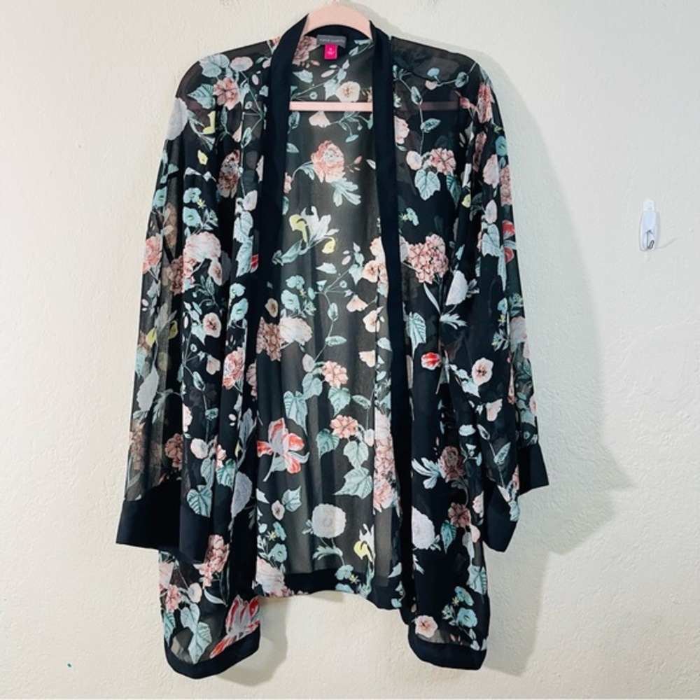 Vince Camuto Floral Sheer Kimono Cardigan Women Size XL Black/Pink Boho Vacay